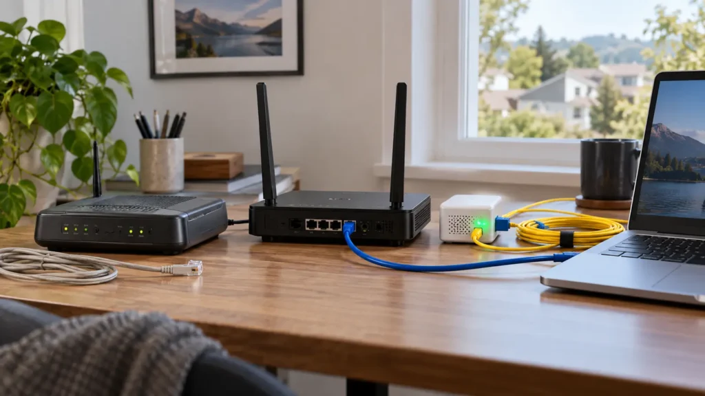 Stary modem DSL i nowe połączenie światłowodowe podczas migracji