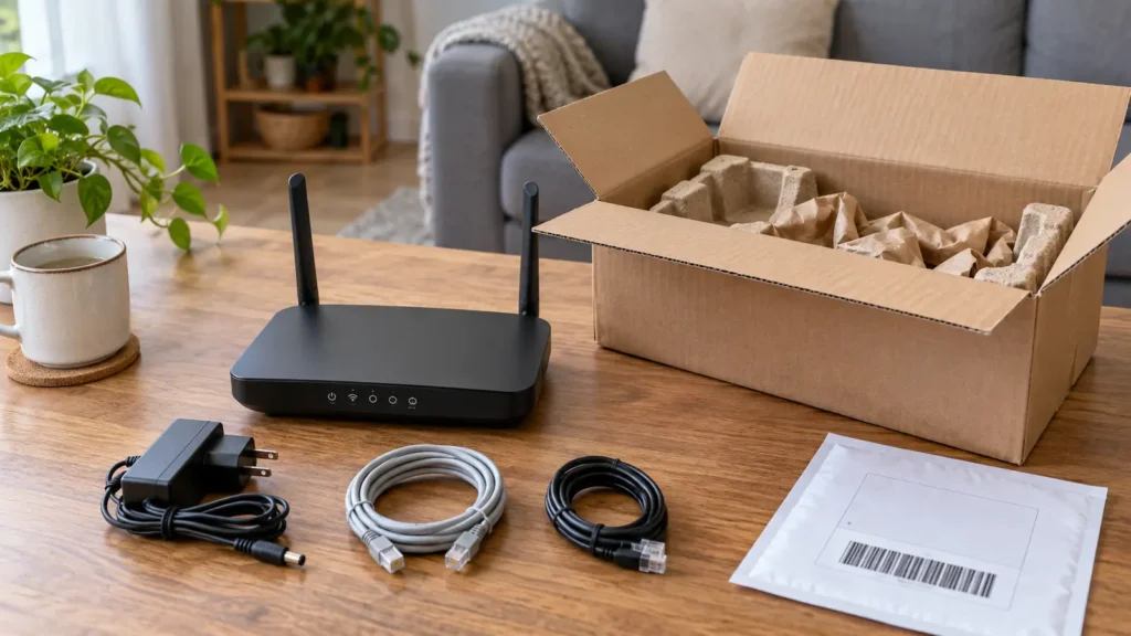 Router, zasilacz i kable przygotowane do bezpiecznego zwrotu