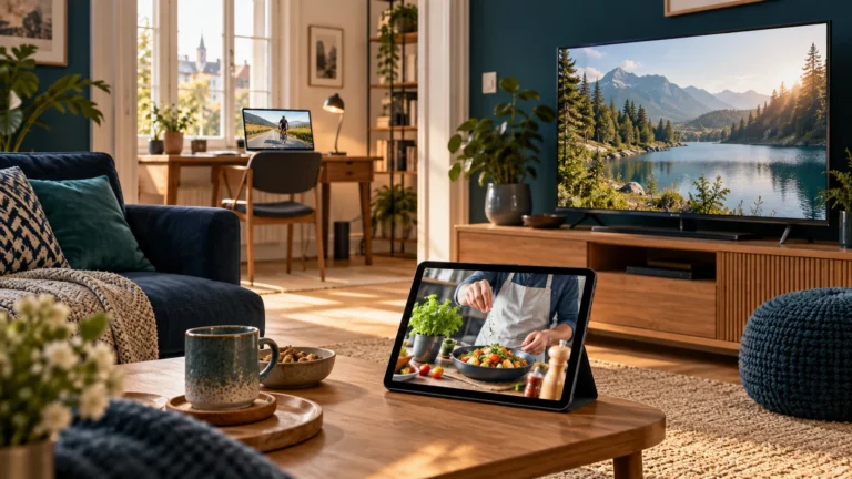 Telewizor, tablet i laptop odtwarzające różne programy w jednym mieszkaniu.