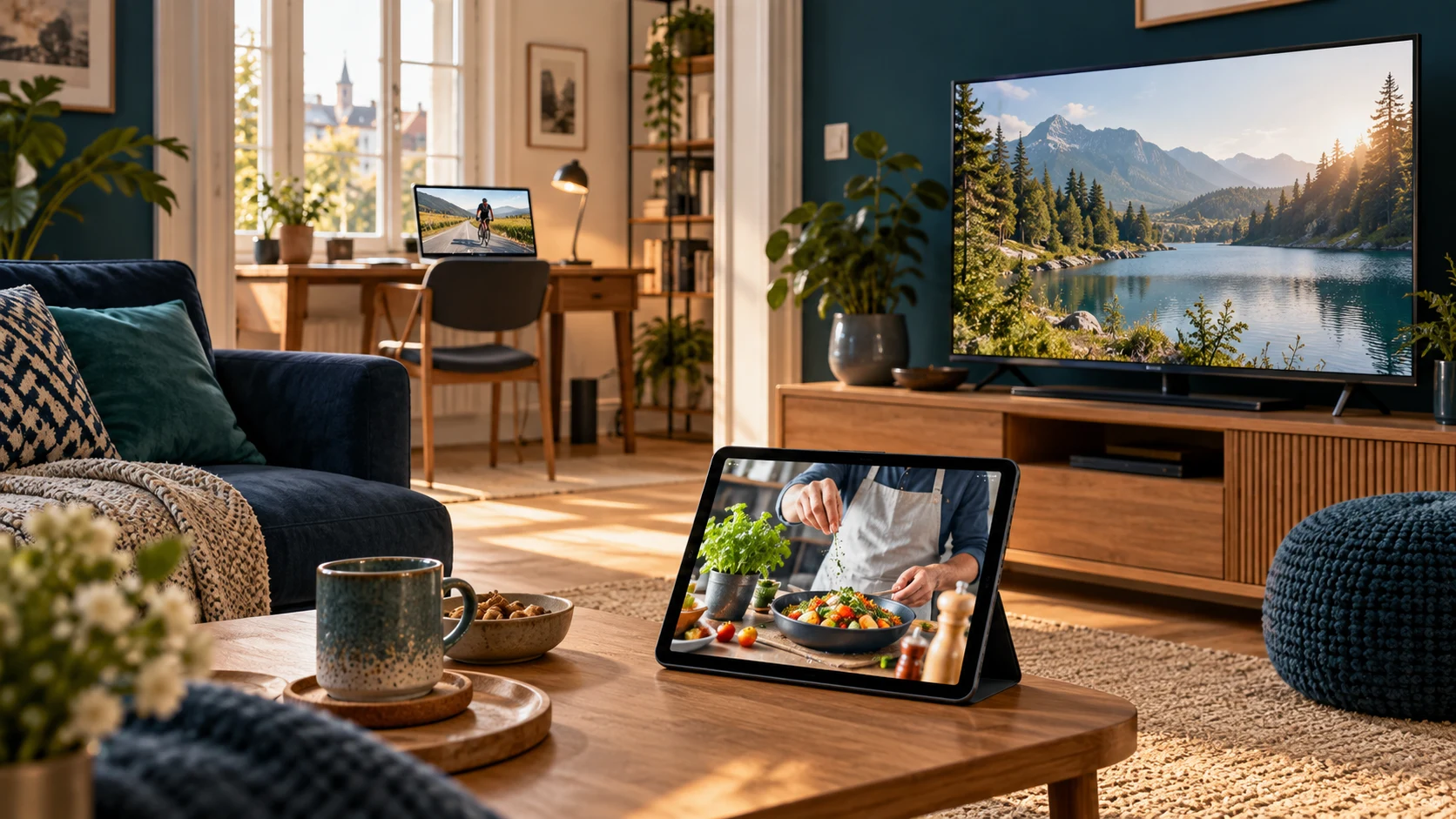 Telewizor, tablet i laptop odtwarzające różne programy w domu.
