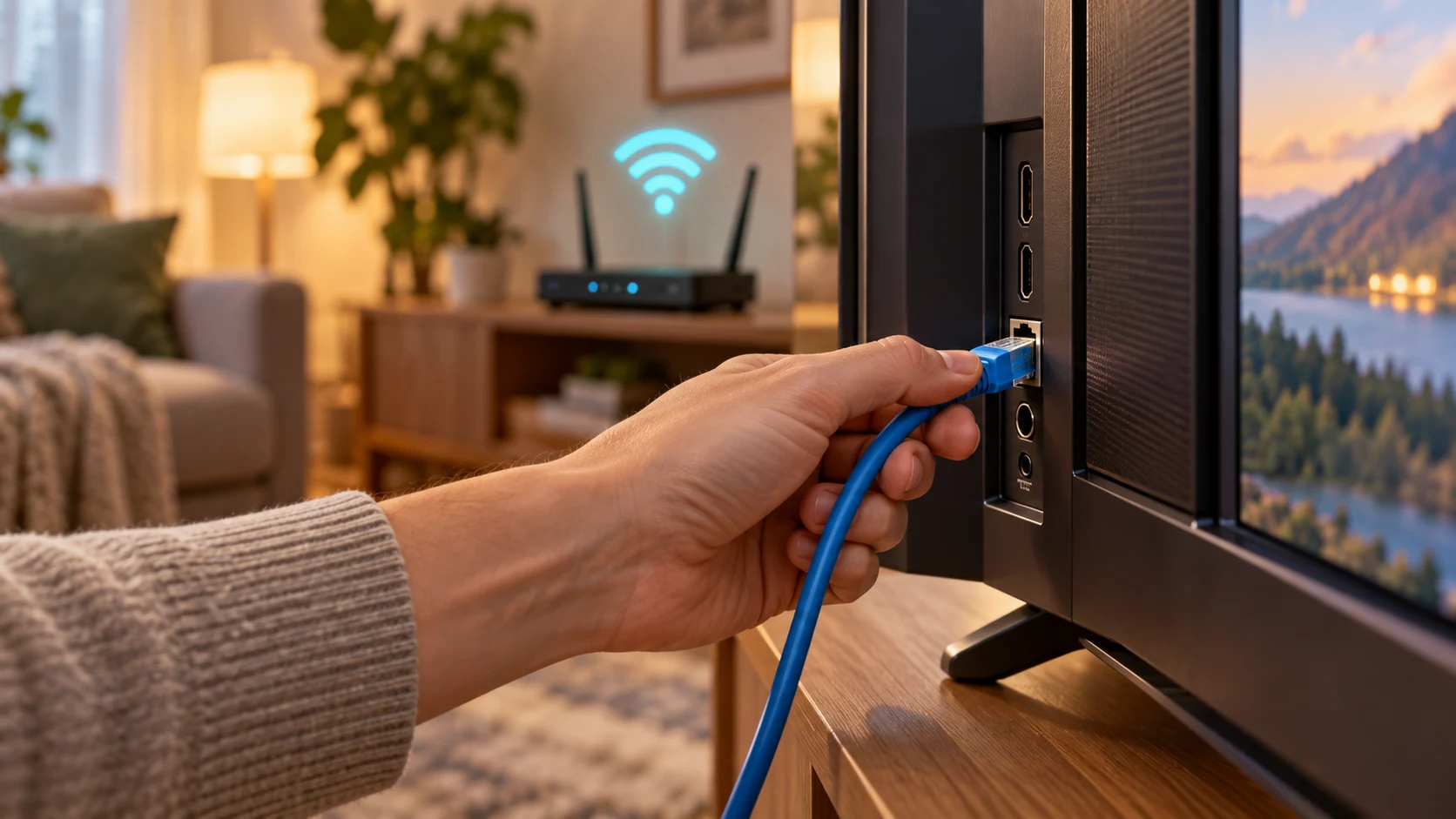 Przewód Ethernet podłączany do telewizora i router Wi-Fi.